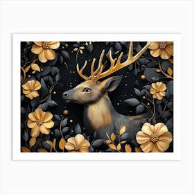 Elegant Luxury Golden and Black Deer Animal with Seamless Floral and Flowers Art Print