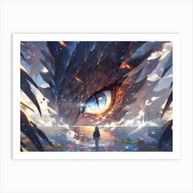 Surrealistic legendary dragon eye over a stunning lake Art Print