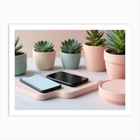 A Modern And Stylish Image Of Two Smartphones Charging On A Wireless Charging Pad With Potted Succulents In The Background Art Print