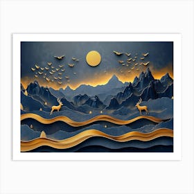 3d Modern Art With Night Landscape With Dark Mountains, Dark Black Background With Stars 1 Art Print