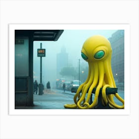 Friendly Yellow Alien Tentacles Curled Gently Around A Hand Rail Waiting At A Bus Stop Pastel Hue Art Print