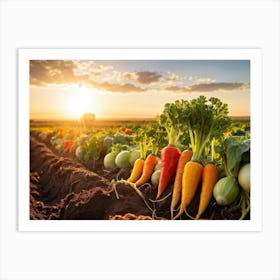 A Variety Of Fresh Vibrant Vegetables Sprouting From Rustic Soil Bathed In The Golden Hour Sunligh (3) Art Print