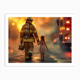 Firefighter Who Is 40 Years Old In Uniform With Oxygen Cylinder And Helmet; Walking With His Daughter Who Is 10 Years Old; In Backview; Firetruck In The Background; Vector; Ultra Realistic; Very Detailed Affiche