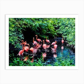 Flamingos in a Tranquil Lagoon. A serene scene of vibrant pink flamingos wading and interacting in a lush, green lagoon surrounded by dense foliage. The water reflects their elegant forms, creating a harmonious connection between nature and wildlife. 6 Art Print