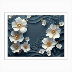 3d Artwork Illustration White And Blue Background With Golden Jewelry And Flowers, In Black Design 2 Art Print