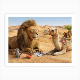 Lion and Camel Desert Card Game Art Print