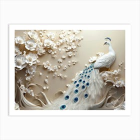 Majestic White Peacock With Floral Accent On 3d 1 Art Print