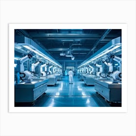 Ai Enhanced Factory Interior Illuminated By Soft Blue Light Robotic Arms Intricately Assembling Com (3) Art Print