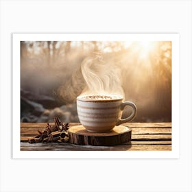 A Rustic Mug Of Hot Cappuccino Sitting On An Old Wooden Table The Rich Aroma Wafting Upwards Mingli (1) Art Print