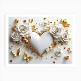 3d White Background and Gold Roses with Butterflies and Heart Shape Art Print