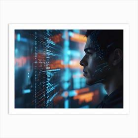 Young Man In Profile Looking At A Futuristic Transparent Display Screen With Lines Of Code And Digital Data 1 Art Print