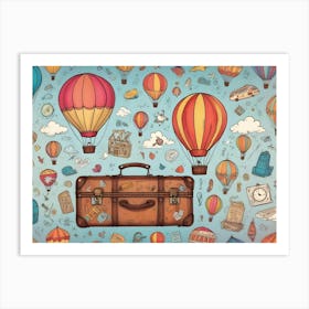 A Hand Drawn Illustration Depicting A Vintage Suitcase With A Variety Of Travel Themed Items, Including Hot Air Balloons, Clouds, And Compass, Against A Blue Background Art Print