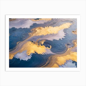 An Abstract Design Resembling A Rippled Or Marbled Surface With Gold, Blue, And White Tones Art Print