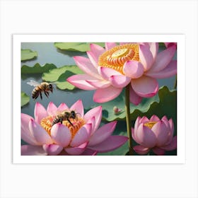 Bees On Lotus 1 Art Print