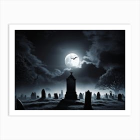 Full Moon Illuminating A Night Sky Clouded By Whispers Of Fog Gravestones Silhouetted Against The E (2) Art Print