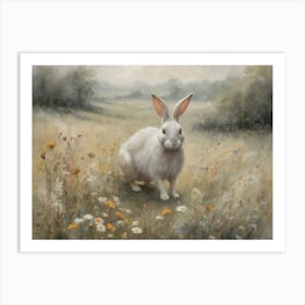 White Rabbit in the Countryside Painting | Country Print in Neutral Tones | Landscape Kitchen Art | Pale Cream Meadow With Wildflowers in the Mist Art Print