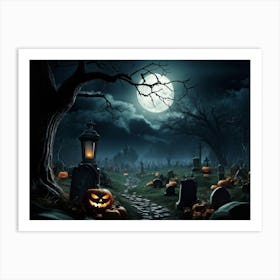 Art Landscape Pumpkin Holiday Design Halloween Fear Moon Skittish Green Grave Dark Scene (35) Art Print