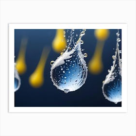 Close Up Of Water Drops With A Blurry Background Of Yellow Teardrop Shapes Art Print