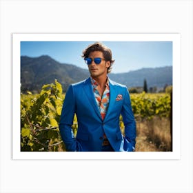 A Fashionable Businessman In A Playful Summer Setting His Sunglasses Reflecting The Mountain Filled (2) Art Print