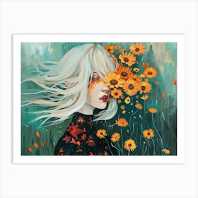 Girl With Sunflowers Art Print