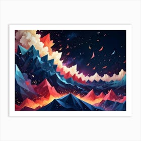 A Low Poly Landscape Of Red, Blue, And White Mountains Under A Starry Night Sky With Fiery Bursts Of Light And Falling Particles Art Print