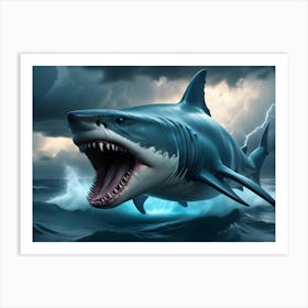 A 3d Illustration Of A Great White Shark Leaping Out Of The Water With A Lightning Storm In The Background Art Print