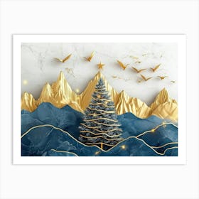 3d Modern Art with Christmas Tree, Golden Lines and Mountain and Birds in Blue Marble Art Print