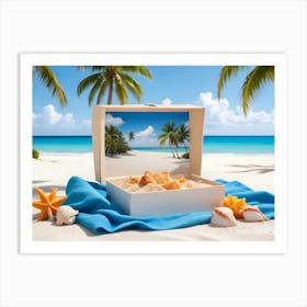 A Beach Scene With A White Box Opened To Reveal A View Of A Tropical Beach Inside The Box Art Print