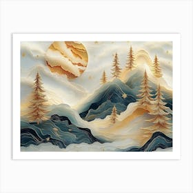 3d Landscape Moon, Golden Christmas Trees, Colorful Mountains Art Print