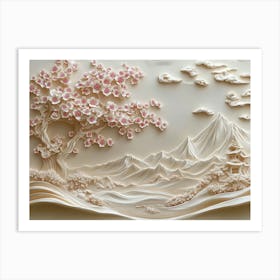 3d Sakura Tree and Mountain 1 Art Print