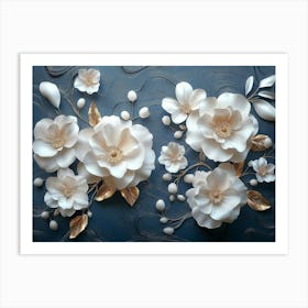 White Flowers On A Blue Background 5 Art Print