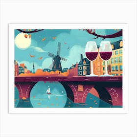 Paris Bridge With Wine Glasses Art Print