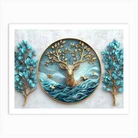 A 3d Art Gold Background, Turquoise Leaves, And Deer Against A Gray Background Art Print