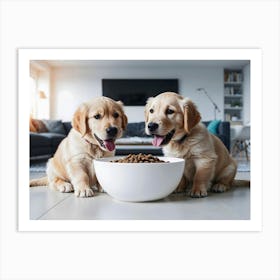 Golden Retriever Puppies eating Art Print