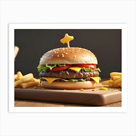 Delicious Cheeseburger With Fries On A Wooden Cutting Board Art Print