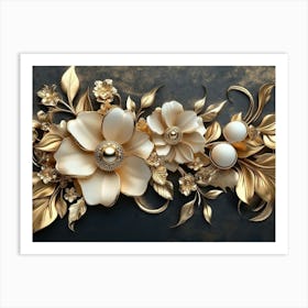 Background With Golden Jewelry And Flowers Art Print