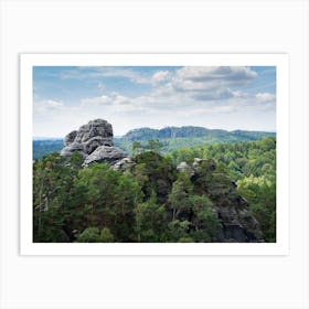 Trees and sandstone rocks near Rathen in Saxon Switzerland Art Print