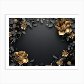 3d Illustration Background With Golden Jewelry And Flowers In Black 1 Art Print