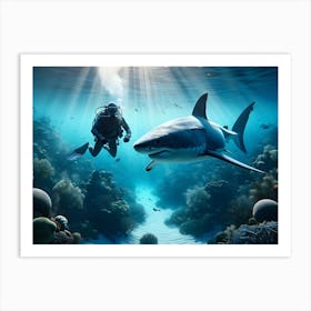 Scuba Diver And Great White Shark 6 Art Print
