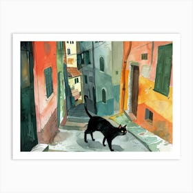 Black Cat In Ancona, Street Art Watercolour Painting 1 Art Print