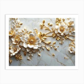 Luxurious 3d Intricate Gold and White Flowers Blooming on a Stunning White Marble Art Print