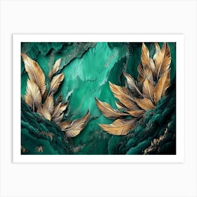 Vibrant 3d Abstract Art With Teal Backdrop, Shimmering Silver Feathers, And Bold Volcanic Peaks 1 Art Print