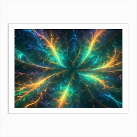 Abstract Image Of Swirling, Glowing Lines In Shades Of Blue, Teal, And Yellow, Resembling A Cosmic Nebula Or A Digital Energy Field Art Print