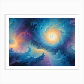 Two Vibrant, Swirling, Abstract Structures Resembling Galaxies Or Nebulae With Glowing Centers Art Print