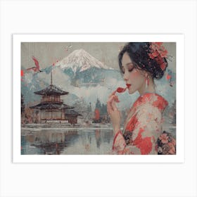 Geisha Grace: Elegance in Burgundy and Grey. Japanese Woman Art Print