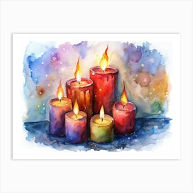 Watercolor Painting Of Five Burning Candles Art Print