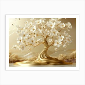 3d Golden Tree With White Flowers Art Print