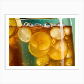 A Close Up Shot Of A Glass Of Iced Tea With Lemon Slices, With A Blurred Background Of Green And Yellow Art Print