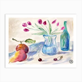 Tulips And Fruits - watercolor hand painted still life floral flowers kitchen art dining Art Print