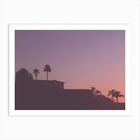 Los Angeles, USA I Los Angeles california skyline photography in a pastel violet pink light sunset sky with palm trees silhouette contrasting of Hollywood and Beverly Hills villas from the Griffith Observatory Art Print